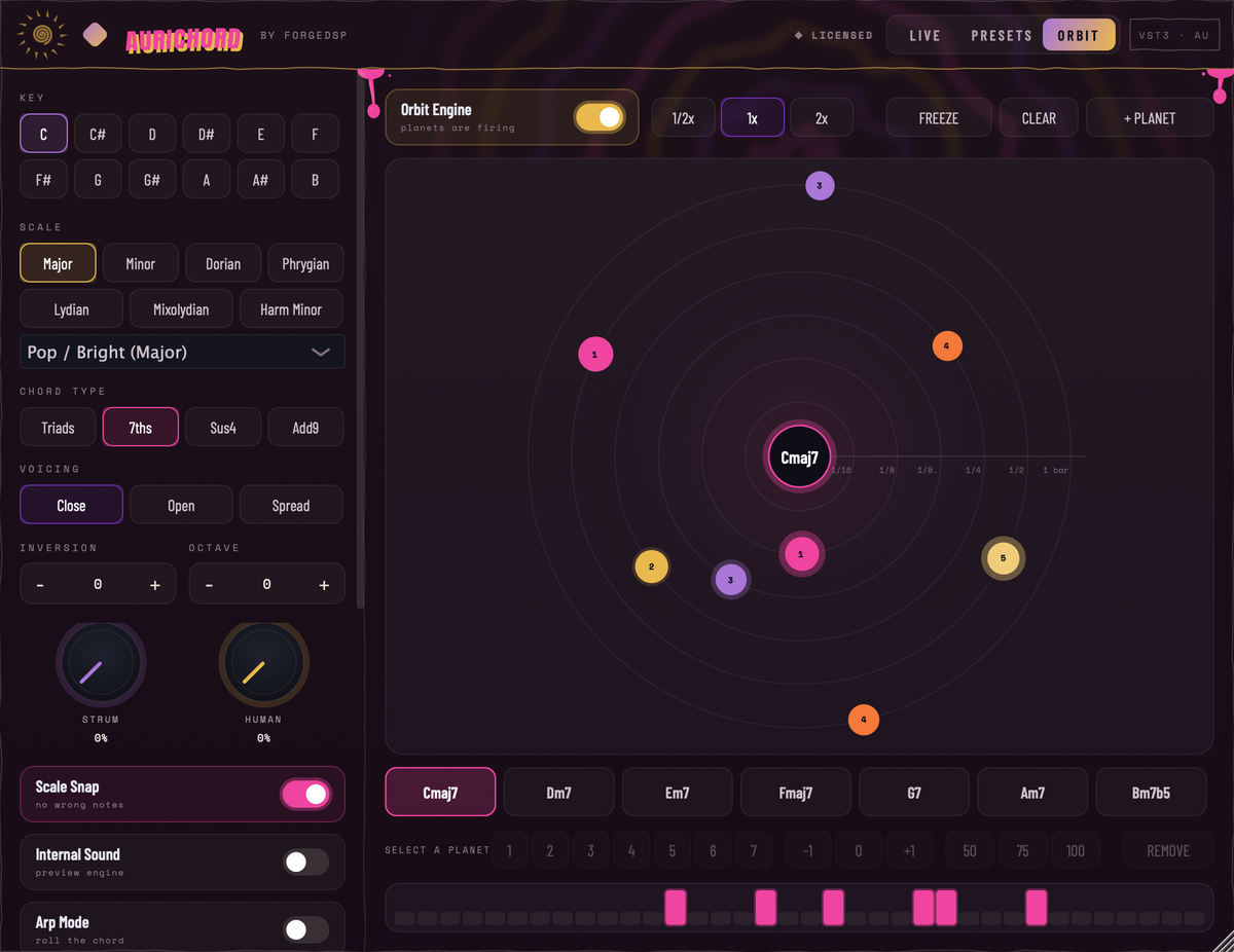 Aurichord ORBIT arpeggiator: planets circling the held chord, each one playing a chord tone