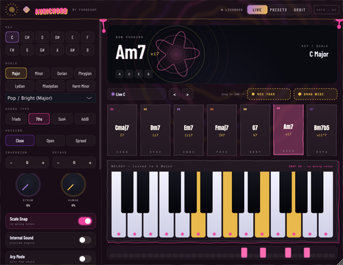 Aurichord chord generator plugin: seven chord pads in C major with the melody zone below