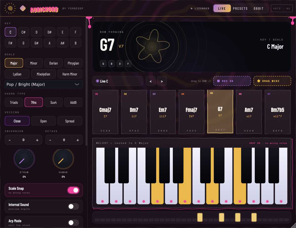 Aurichord factory preset loaded, chord pads and melody zone ready to play