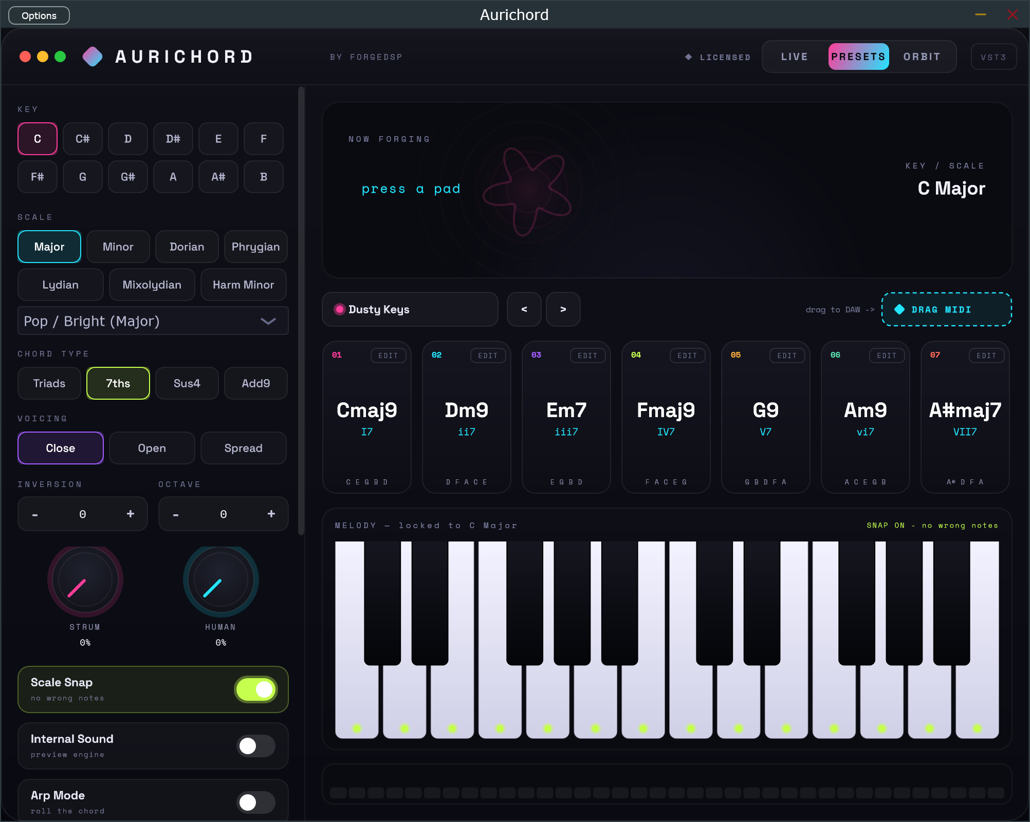Aurichord chord generator interface with the licensed badge and seven diatonic chord pads
