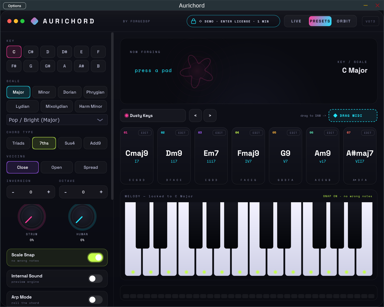 Aurichord VST3 chord generator interface showing seven diatonic chord pads and the melody zone locked to the key