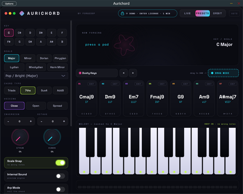 Aurichord VST3 chord generator interface showing seven diatonic chord pads