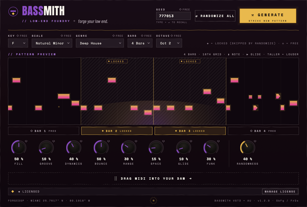 Bassmith with bars locked to keep the parts of the bassline you like