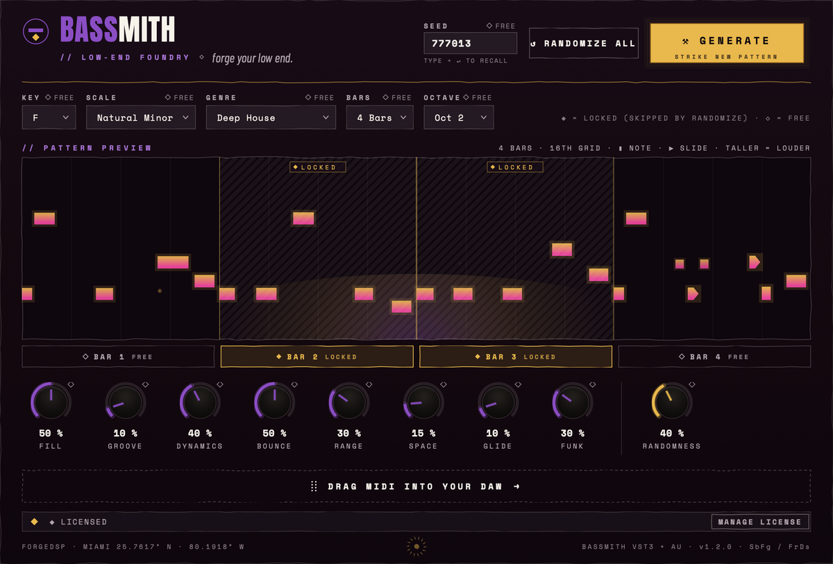 Bassmith with bars locked to keep the parts of the bassline you like