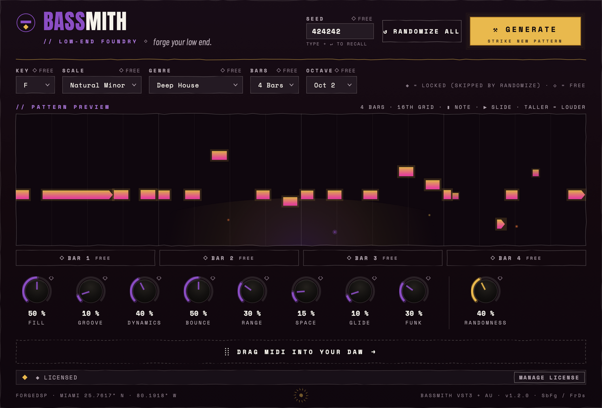 Bassmith bassline generator plugin writing a house bassline as MIDI