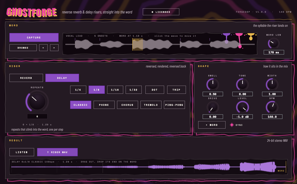 GhostForge delay mode building a reverse delay run that lands on the beat