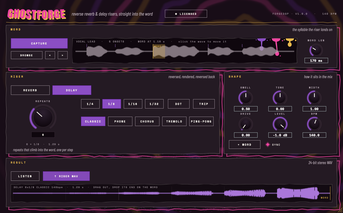 GhostForge delay mode building a reverse delay run that lands on the beat