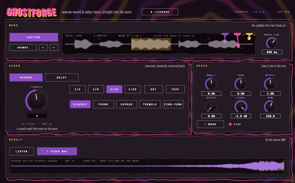 GhostForge reverse reverb riser plugin swelling into a word from the vocal