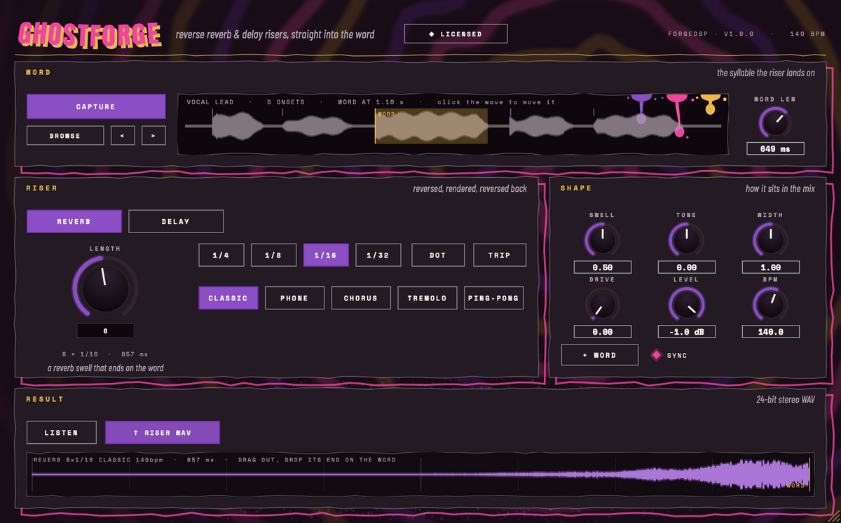 GhostForge reverse reverb riser plugin swelling into a word from the vocal
