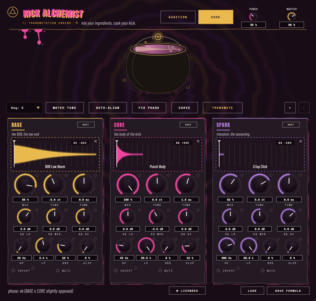 Kick Alchemist kick layering plugin: BASE, CORE and SPARK layers tuned and phase aligned in the cauldron