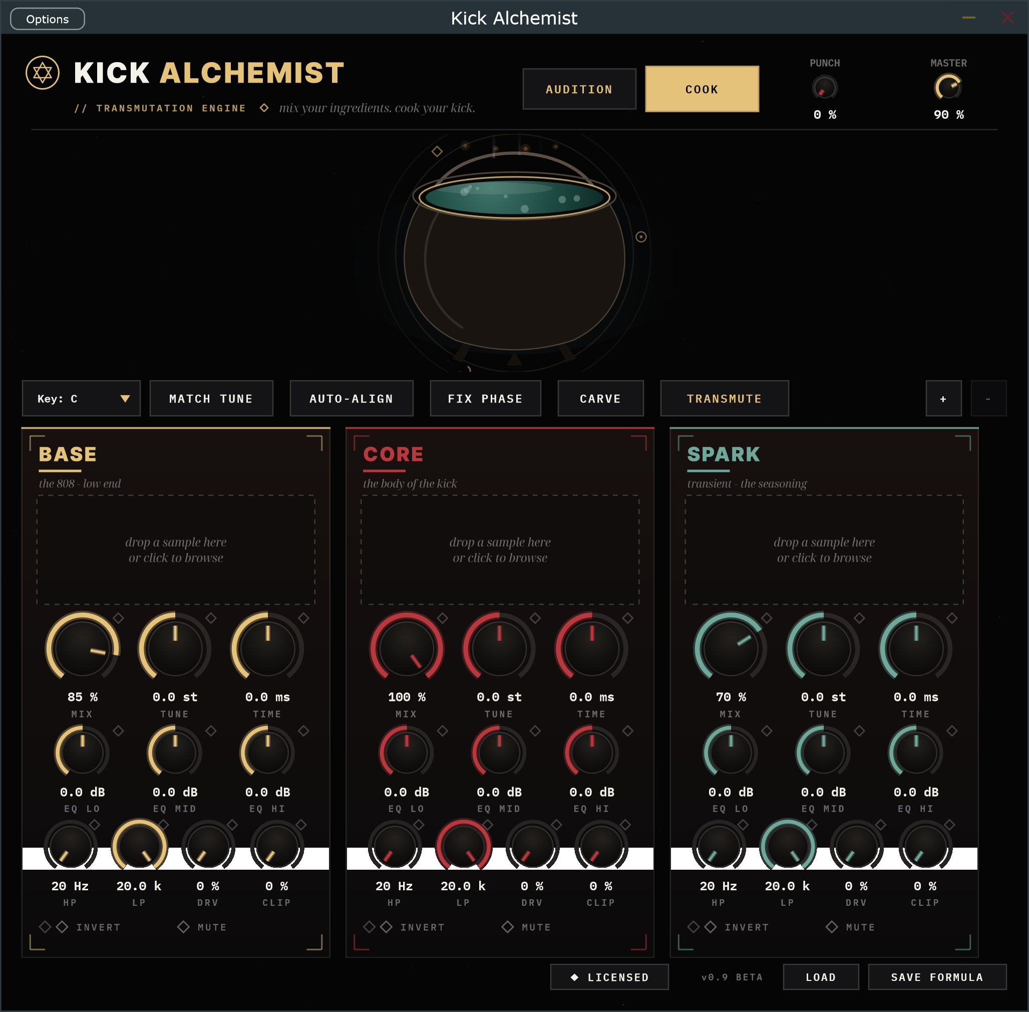 Kick Alchemist plugin interface with the licensed badge, BASE, CORE, and SPARK kick layers loaded
