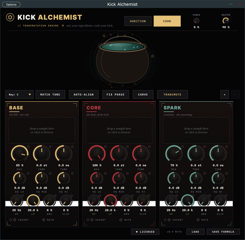Kick Alchemist plugin interface with the licensed badge, BASE, CORE, and SPARK kick layers loaded