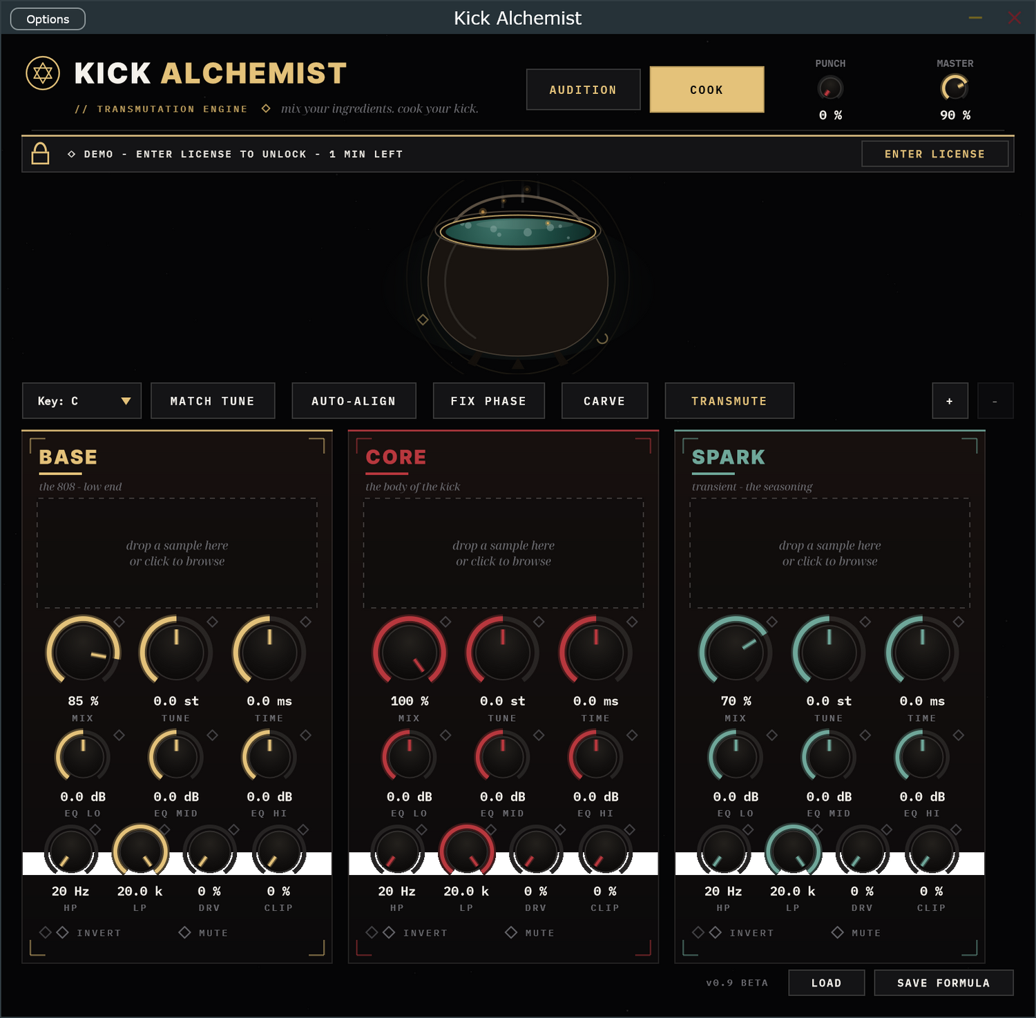 Kick Alchemist VST3 plugin interface showing BASE, CORE, and SPARK kick layers with the alchemy cauldron
