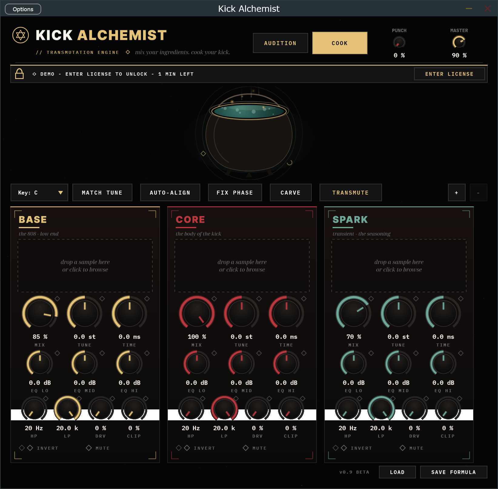 Kick Alchemist VST3 plugin interface showing BASE, CORE, and SPARK kick layers