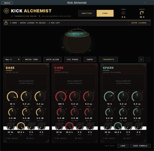 Kick Alchemist VST3 plugin interface showing BASE, CORE, and SPARK kick layers