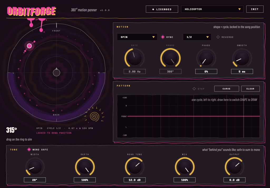 OrbitForge 360 auto panner plugin: the radar moving a sound around the listener