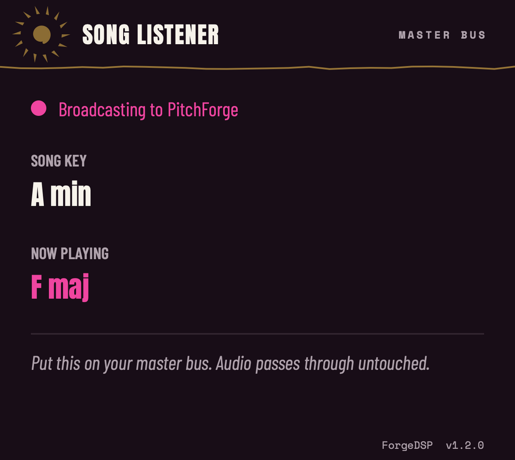 PitchForge Song Listener showing the key of the song and the chord playing now