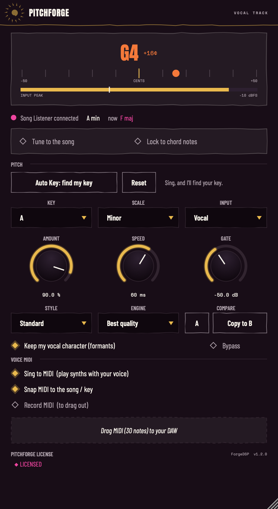 PitchForge pitch correction plugin tuning a vocal in real time