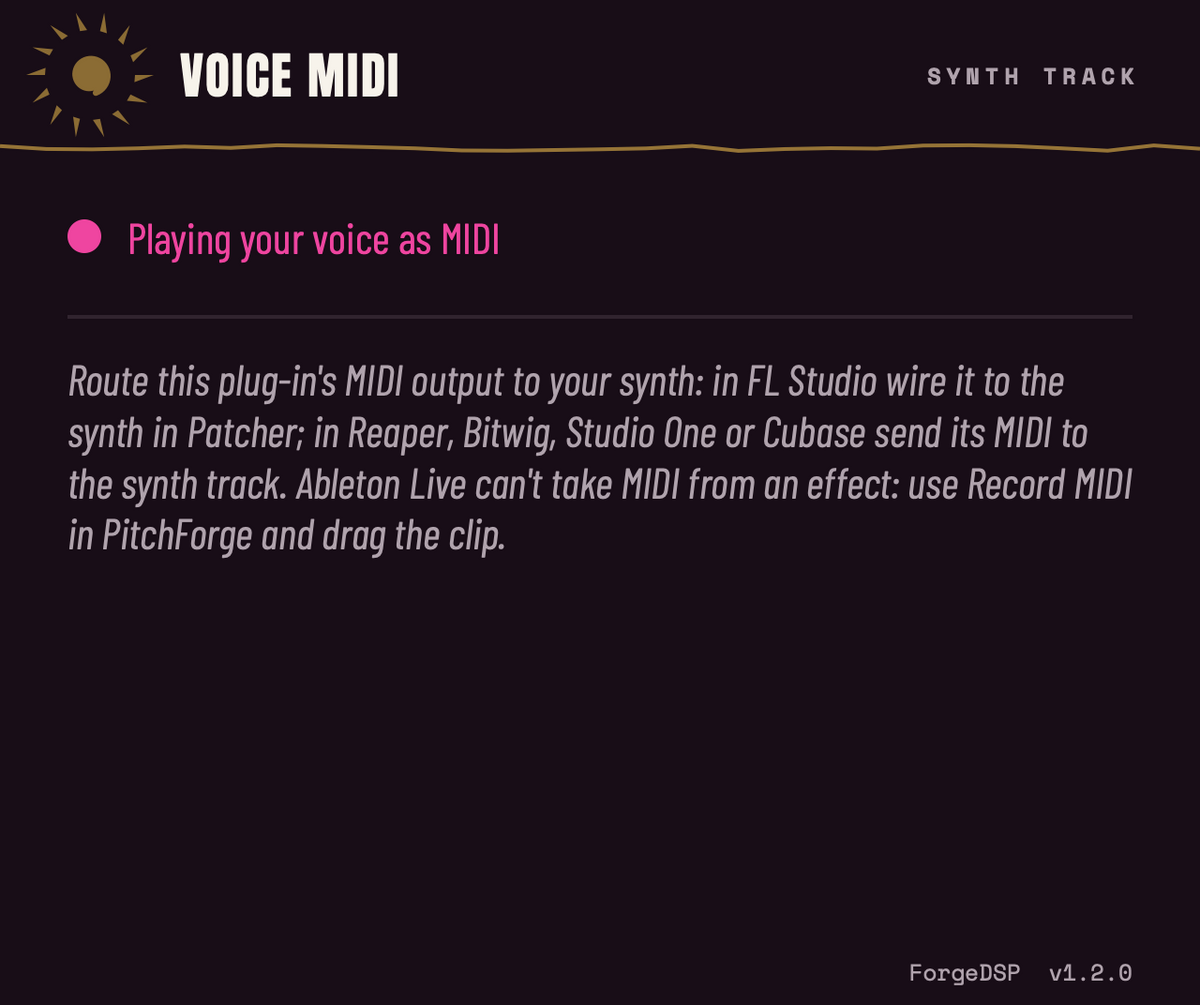 PitchForge Voice MIDI turning a sung melody into MIDI notes live